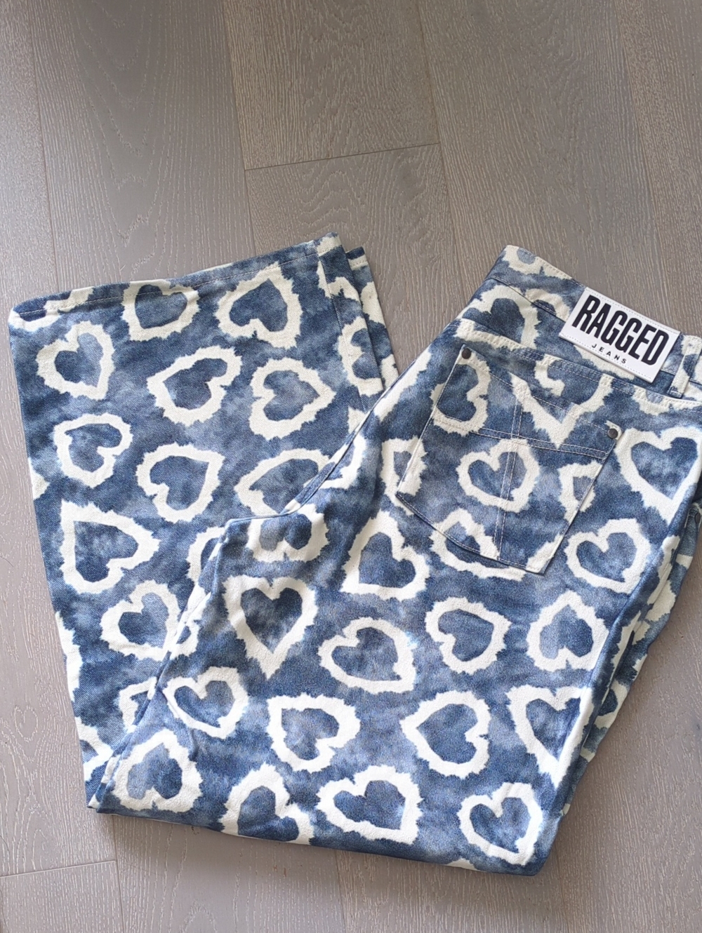 Ragged Priest Hearts Print Denim Jeans - Blue & White